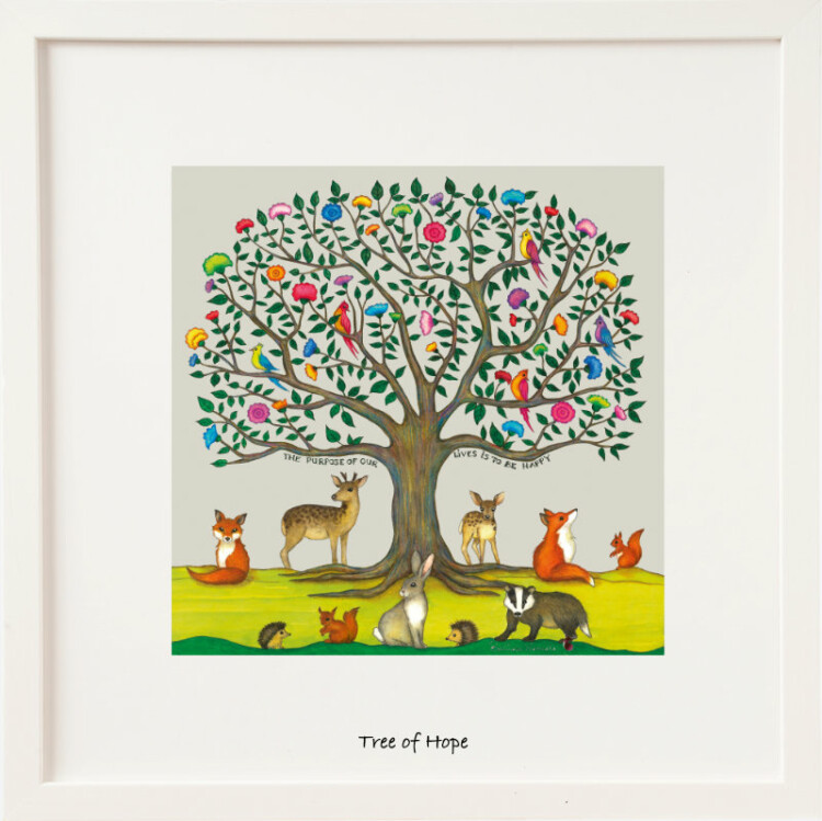Colorful illustration of a tree of life surrounded by various woodland animals, with the text 'Tree of Hope' at the bottom.