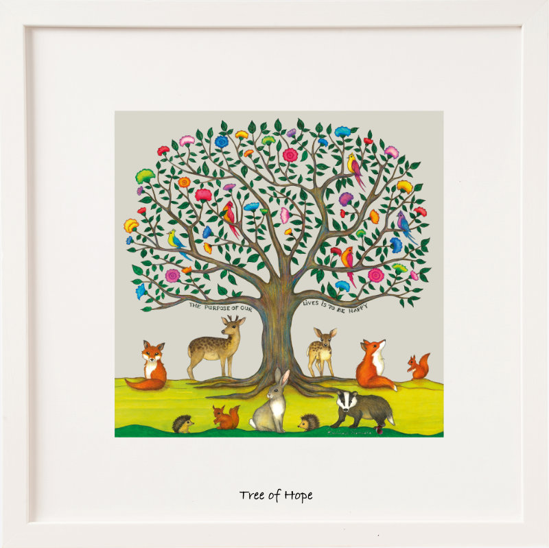 Colorful illustration of a tree of life surrounded by various woodland animals, with the text 'Tree of Hope' at the bottom.